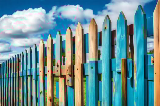 a wooden fence with blue paint on it. AI-Generated photo