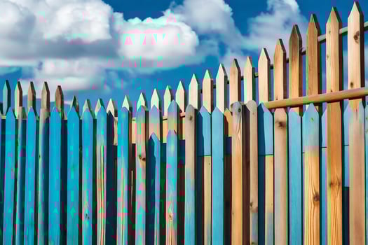 a wooden fence with blue and white paint. AI-Generated photo
