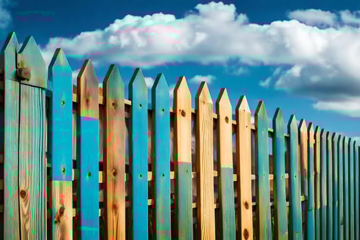 a wooden fence with blue and green paint. AI-Generated photo