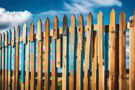 a wooden fence with blue sky and clouds in the background. AI-Generated photo