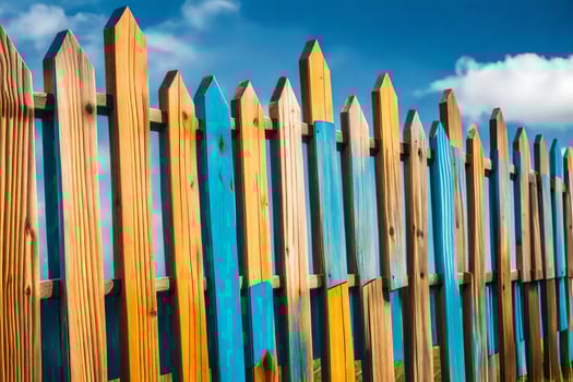 a wooden fence with blue sky and blue sky. AI-Generated photo