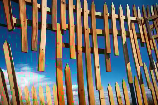 a fence made of wooden sticks with blue sky in the background. AI-Generated photo