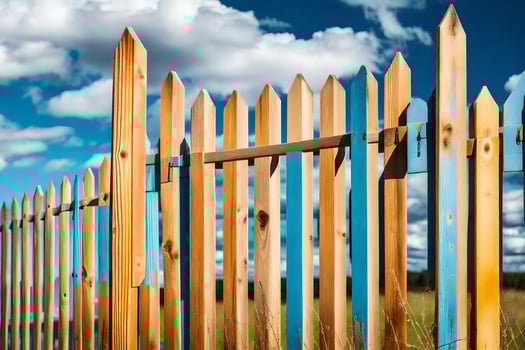 a wooden fence with blue and green paint. AI-Generated photo