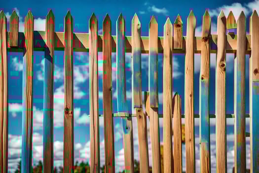 a wooden fence with blue sky and clouds in the background. AI-Generated photo