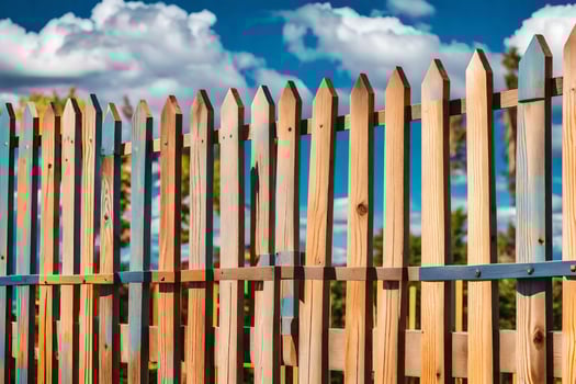 a wooden fence with blue sky and clouds. AI-Generated photo