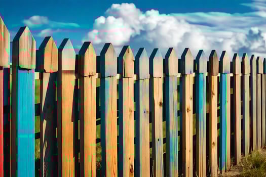 a colorful wooden fence with blue sky and clouds. AI-Generated photo