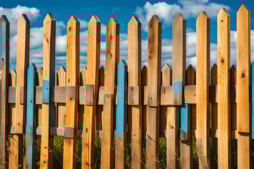 a wooden fence with blue and white paint. AI-Generated photo