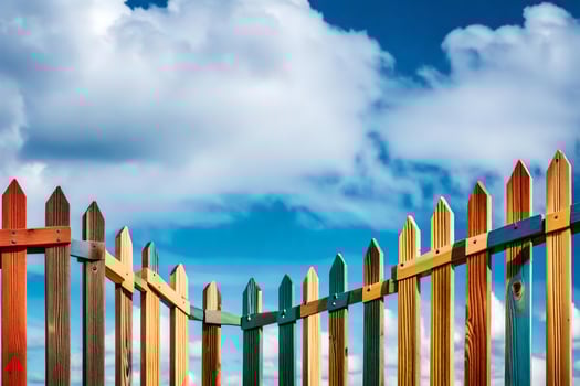 colorful wooden fence against a blue sky. AI-Generated photo