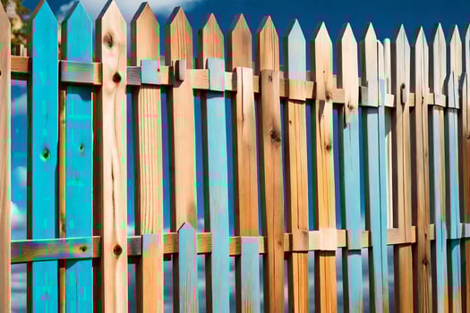 a wooden fence with blue sky and clouds in the background. AI-Generated photo