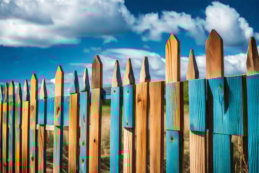 a wooden fence with blue and green paint. AI-Generated photo