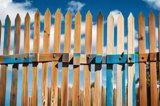 a wooden fence with blue and white paint. AI-Generated photo