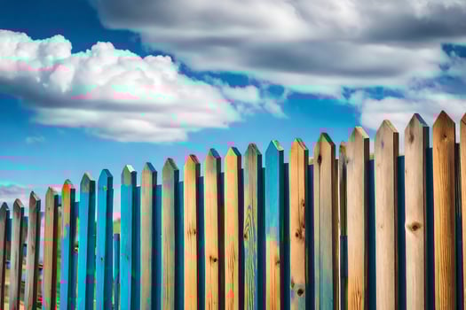 a wooden fence with blue and white clouds in the background. AI-Generated photo
