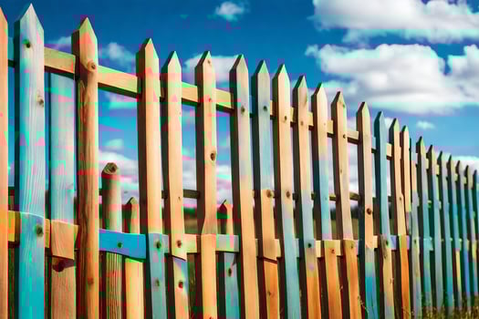 a wooden fence with blue and green paint. AI-Generated photo