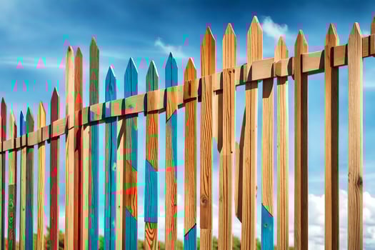 a fence with many different colored wooden poles. AI-Generated photo