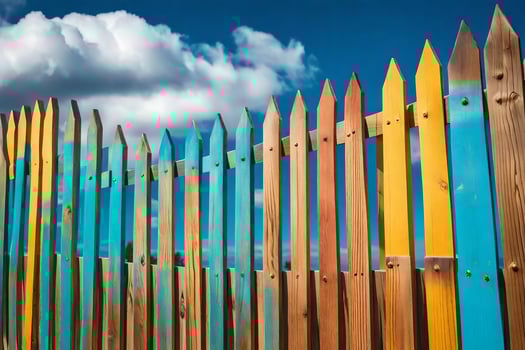 a colorful wooden fence with blue sky and clouds. AI-Generated photo