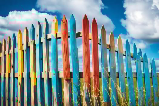 a colorful fence with blue sky and clouds in the background. AI-Generated photo