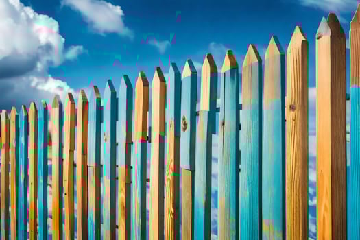 a wooden fence with blue and yellow paint. AI-Generated photo