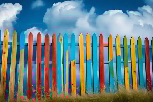 a colorful fence with blue sky and clouds. AI-Generated photo