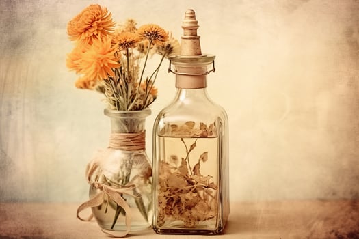 Single dried flower in a vintage bottle , with a soft, faded filter that adds a sense of nostalgia and romance. Generative AI photo