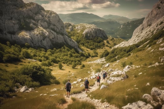 A thrilling shot of a group of hikers trekking through the rugged terrain of a Croatian national park, with majestic mountains in the background. Generative Ai photo