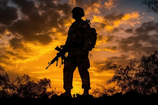 Standing Strong - A Patriotic Soldier Silhouette Against a Vibrant Sunset Sky - AI generated photo