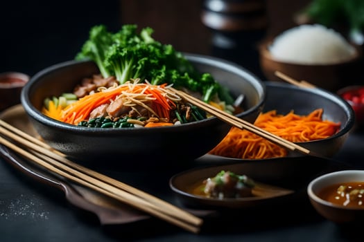 The camera is moving closer to Bibimbap, which is a well liked Korean meal The back area looks blurry or hard to see photo