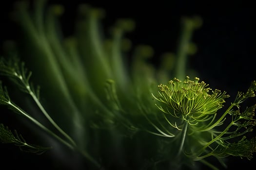 The picture is zoomed in on fennel, with a dark background in a studio photo