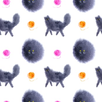 Seamless watercolor pattern with cats and balls of thread. Cute pattern with cats. photo