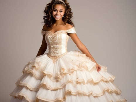Smiling young woman of Mexican descent dressed in elegant dress on gray background AI Generative photo