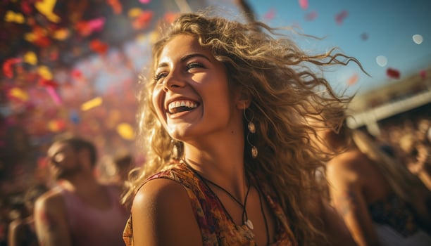 A lady laughs with joy and happiness as she relaxes on the beach at a summer party, surrounded by friends and family, with the sea breeze in her hair and the sun on her face. Generative Ai photo