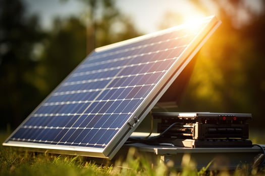 A detailed, close-up shot of essential solar energy components, such as photovoltaic cells, inverters, mounting systems, emphasizing the importance harnessing the power of the sun. Generative AI photo
