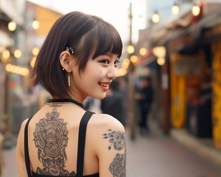 Cheerful korean girl with tattoo Smiling to camera AI Generative photo