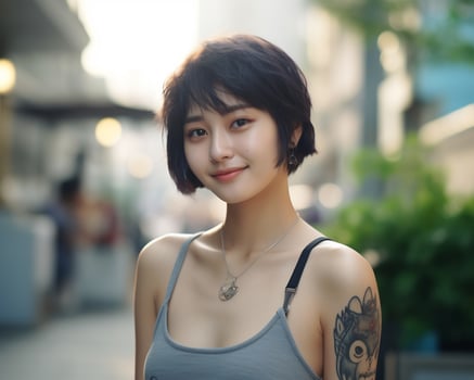 Cheerful korean girl with tattoo Smiling to camera AI Generative photo