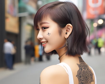 Cheerful korean girl with tattoo Smiling to camera AI Generative photo