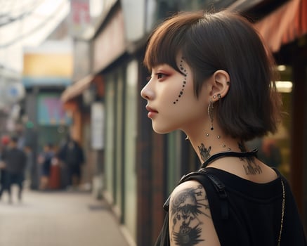 Cheerful korean girl with tattoo Smiling to camera AI Generative photo