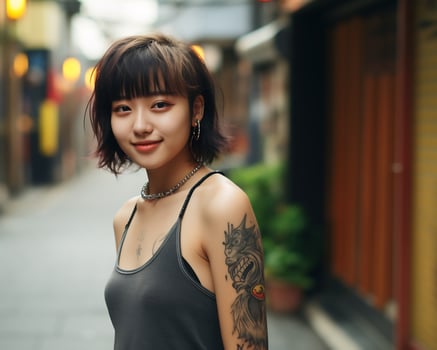 Cheerful korean girl with tattoo Smiling to camera AI Generative photo