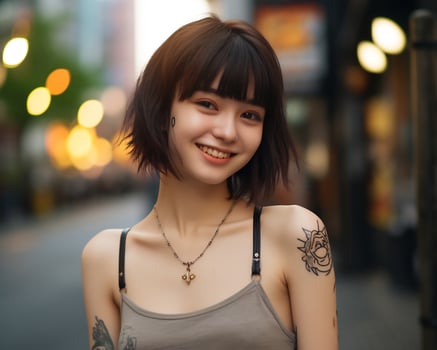 Cheerful korean girl with tattoo Smiling to camera AI Generative photo