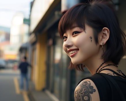 Cheerful korean girl with tattoo Smiling to camera AI Generative photo