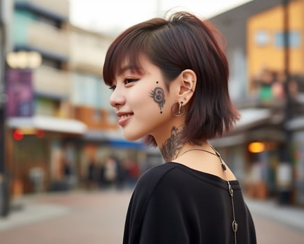 Cheerful korean girl with tattoo Smiling to camera AI Generative photo