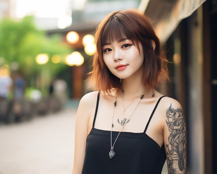 Cheerful korean girl with tattoo Smiling to camera AI Generative photo