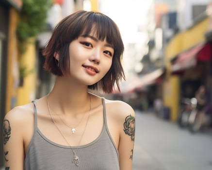Cheerful korean girl with tattoo Smiling to camera AI Generative photo