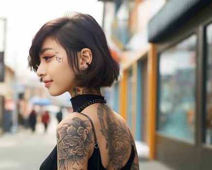 Cheerful korean girl with tattoo Smiling to camera AI Generative photo