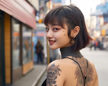Cheerful korean girl with tattoo Smiling to camera AI Generative photo