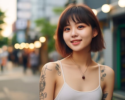 Cheerful korean girl with tattoo Smiling to camera AI Generative photo