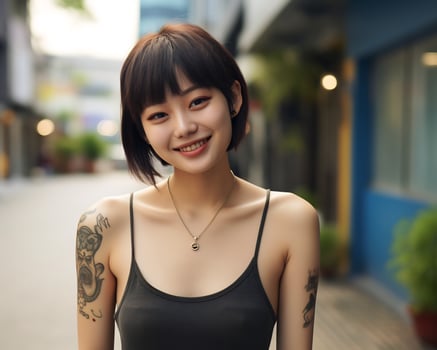 Cheerful korean girl with tattoo Smiling to camera AI Generative photo