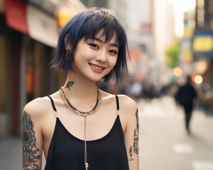 Cheerful korean girl with tattoo Smiling to camera AI Generative photo