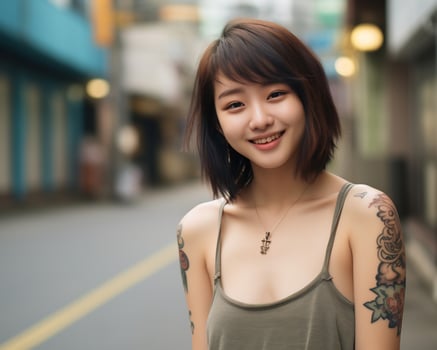 Cheerful korean girl with tattoo Smiling to camera AI Generative photo