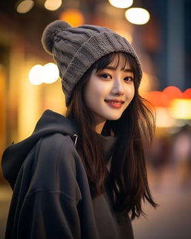 A cheerful korean girl wearing hoodie and knit hat AI Generative photo