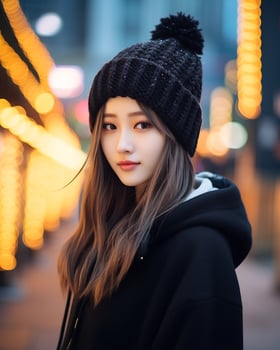 A cheerful korean girl wearing hoodie and knit hat AI Generative photo