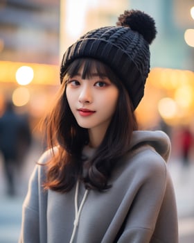 A cheerful korean girl wearing hoodie and knit hat AI Generative photo